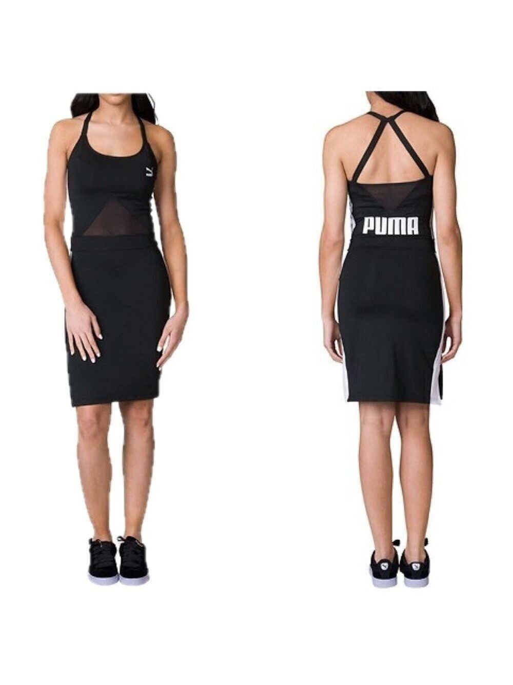Puma Black Archive T7 Halter mesh mini bodycon Dress Sz S athletic sporty